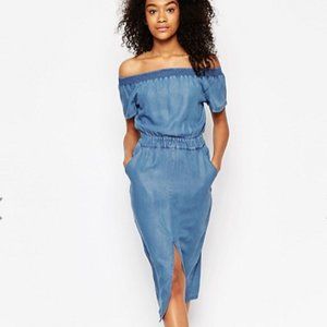 ASOS Denim Off Shoulder Waisted Midi Dress US 6